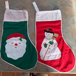 Vintage Handmade Christmas Stocking Santa Snowman Set of 2